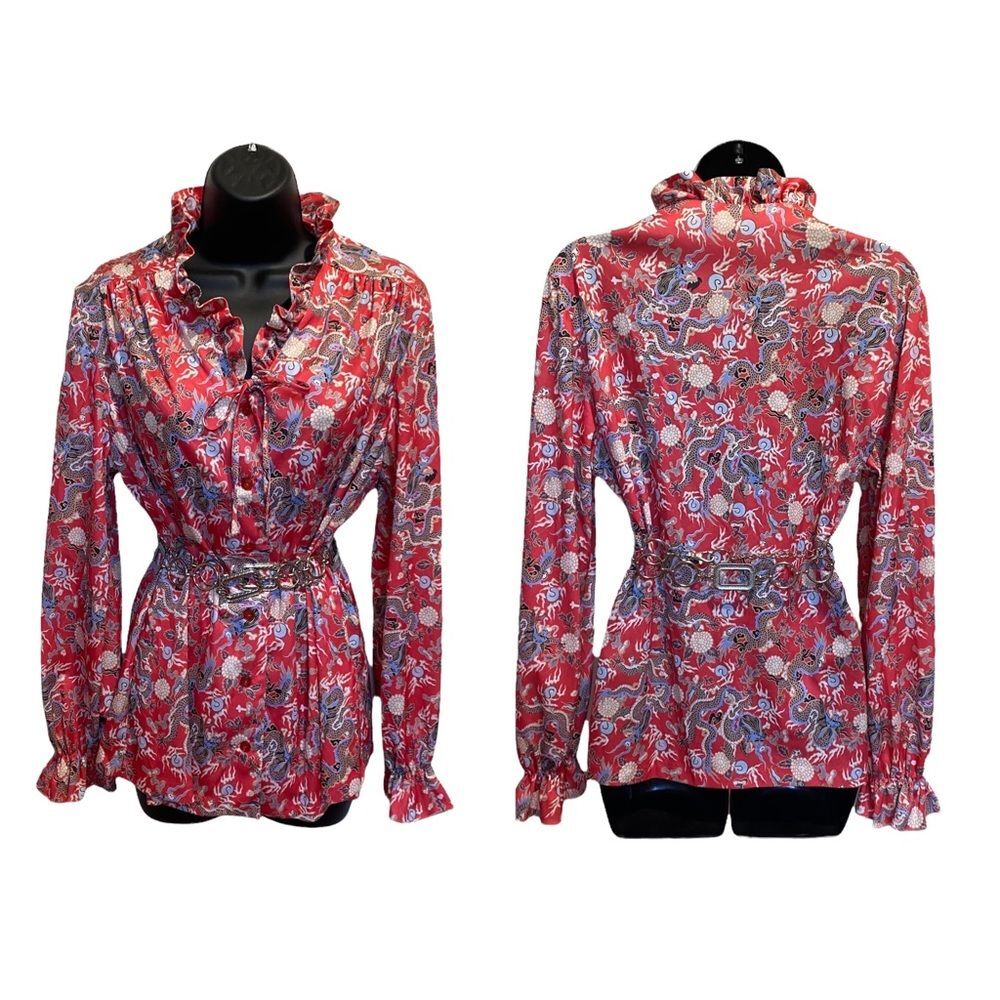 Vintage Dragon Floral Print Ruffle Neckline Cuffs Blouse Sz M/L Union Made USA